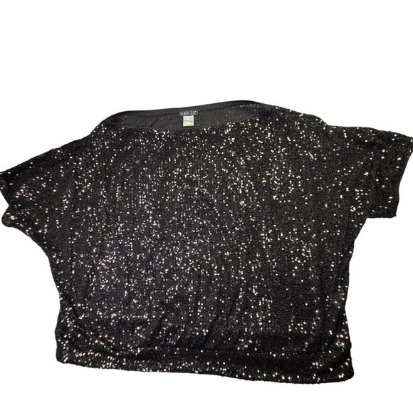 VENUS Shirt Women Plus 1X Black Sequined Short Sleeve Banded Hem Party Hollywood - Picture 1 of 11